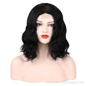 Aisi Top Quality Short Wavy Bob Wigs For Black Women Middle Part Synthetic Lace Black Wigs Wholesale Price